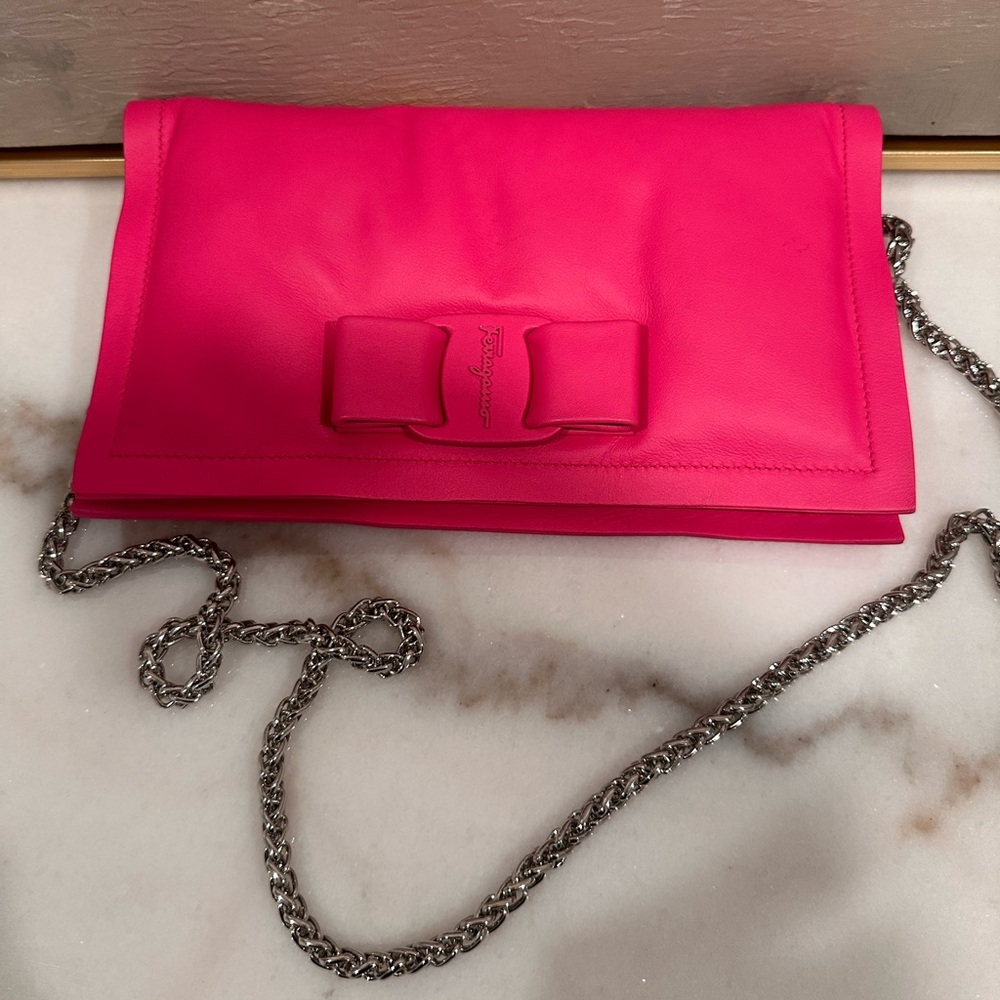 Pink Leather Clutch with Chain Strap